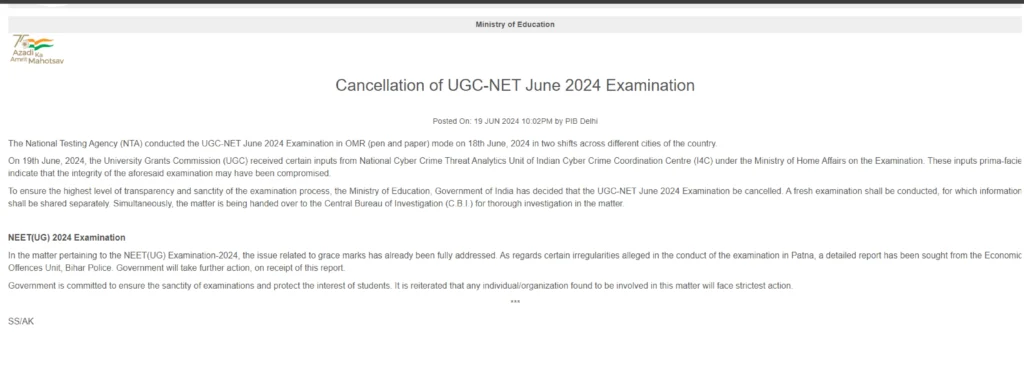 UGC NET Exam Cancelled Notice