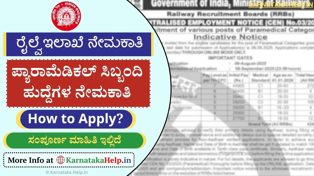 ರೈಲ್ವೆ ಇಲಾಖೆಯಲ್ಲಿ ಪ್ಯಾರಾಮೆಡಿಕಲ್ ಸಿಬ್ಬಂದಿಗಳ ನೇಮಕಾತಿ ಅರ್ಜಿ ಸಲ್ಲಿಕೆ ಆ.9 ರಿಂದ ಪ್ರಾರಂಭ