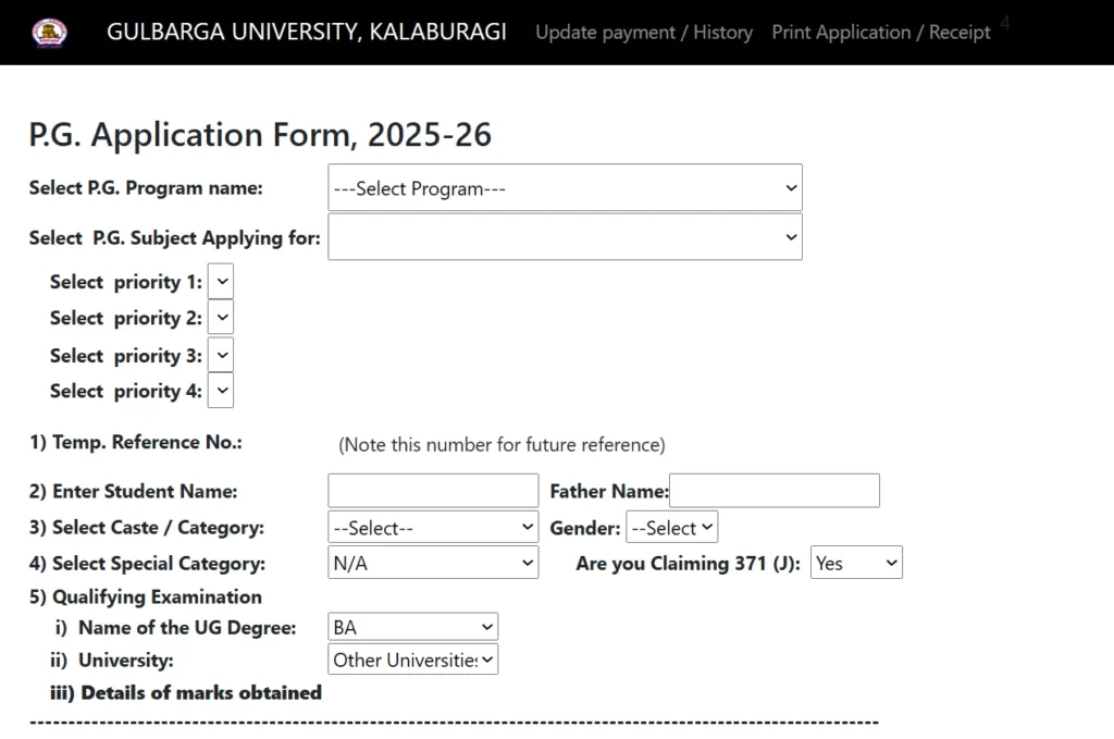 Gulbarga University P.g. Application Form 2025-26