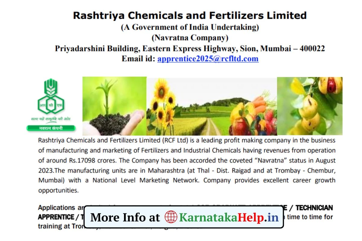 ರಾಷ್ಟ್ರೀಯ ಕೆಮಿಕಲ್ಸ್ ಅಂಡ್ ಫರ್ಟಿಲೈಜರ್ಸ್ ಲಿಮಿಟೆಡ್(RCFL) ಅಪ್ರೆಂಟಿಸ್ ಭರ್ತಿ, ಆಸಕ್ತರು ಅರ್ಜಿ ಸಲ್ಲಿಸಿ