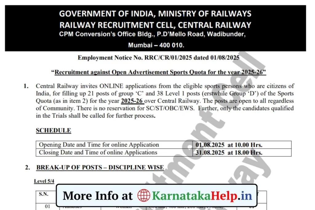 RRC Central Railway R Sports Quota Notification 2025