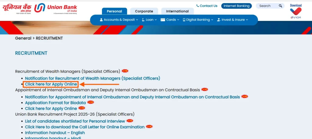 Union Bank Wealth Managers (Specialist Officers) Vacancy Online Form 2025