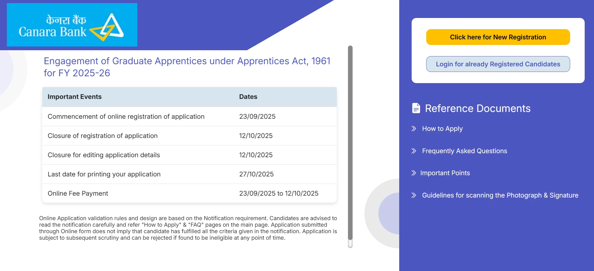 Canara Bank Graduate Apprentice Online Form 2025-26