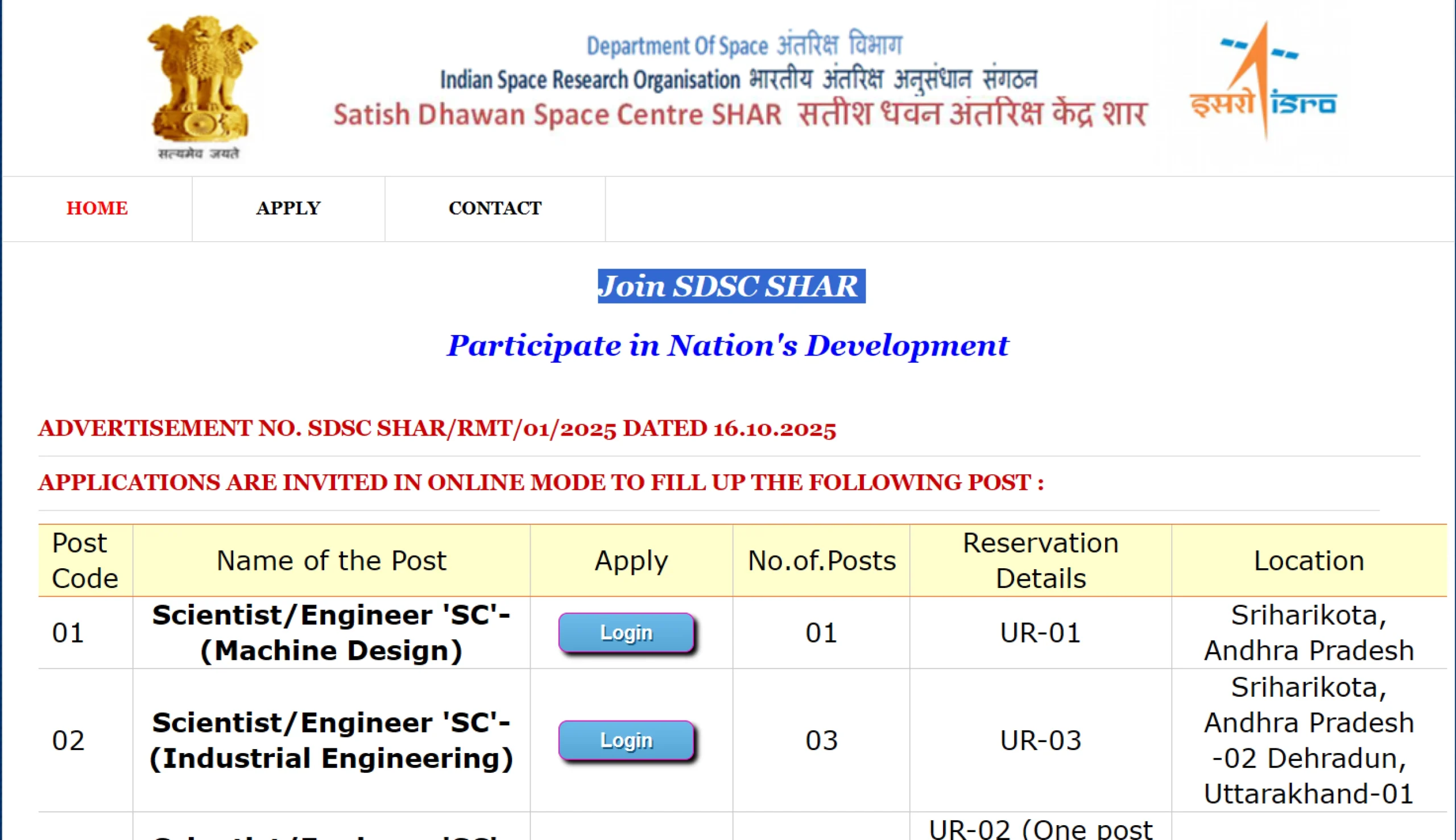 ISRO SDSC SHAR Vacancy Application Form 2025