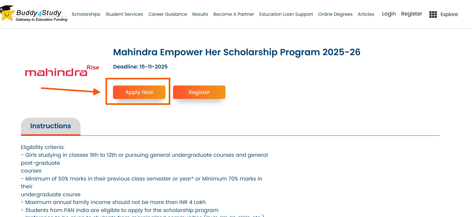 Mahindra Empower Her Scholarship Program Application Form 2025-26