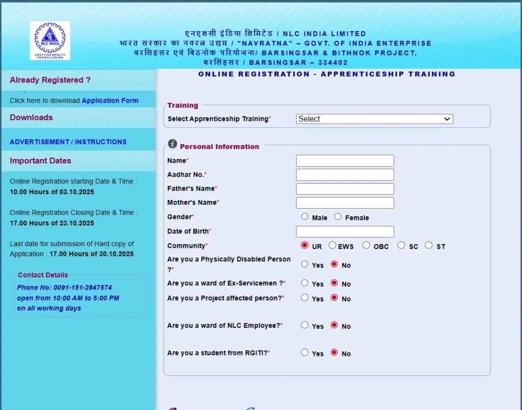 Nlc India Apprentice Online Application Form 2025-26