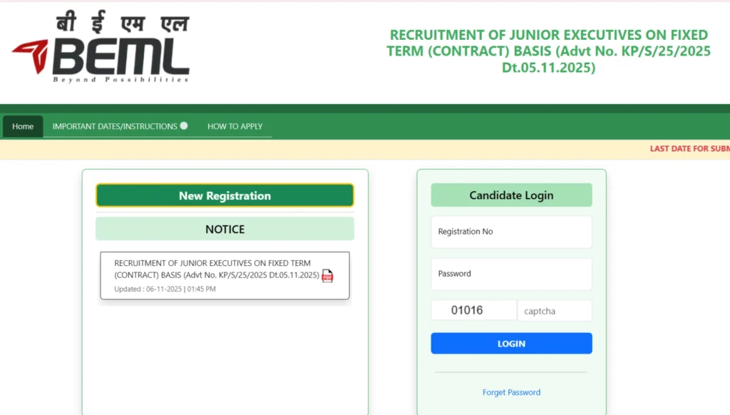 Beml Junior Executive Online Application Form 2025