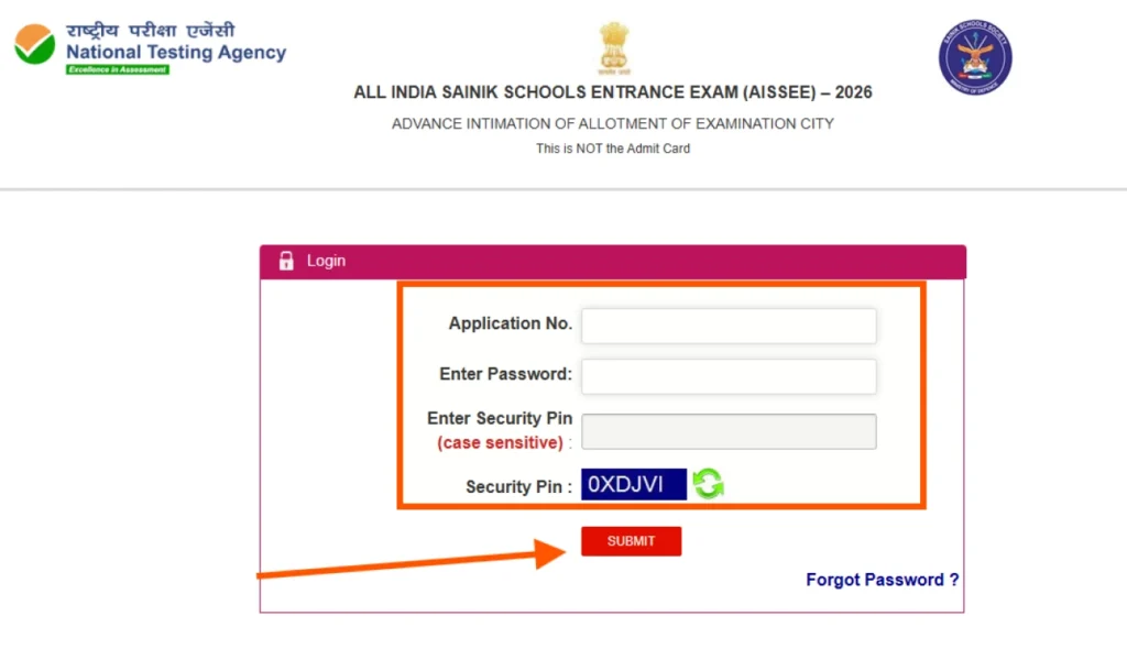 Aissee-2026 Advance City Intimation Login Window Link