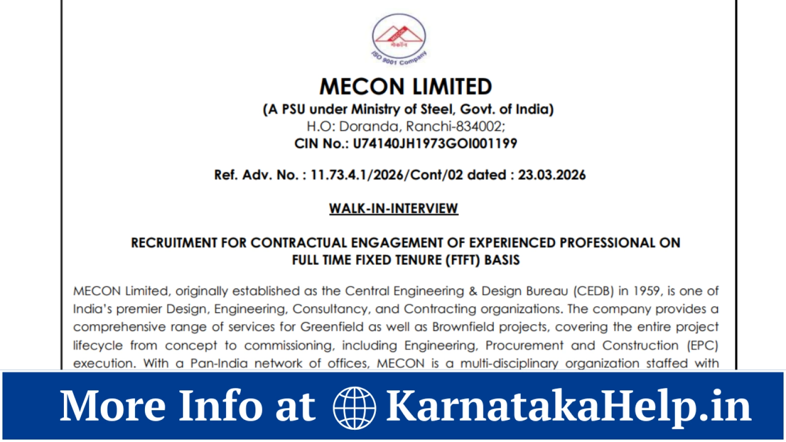 MECON Limited Experienced Professionals Notification 2026