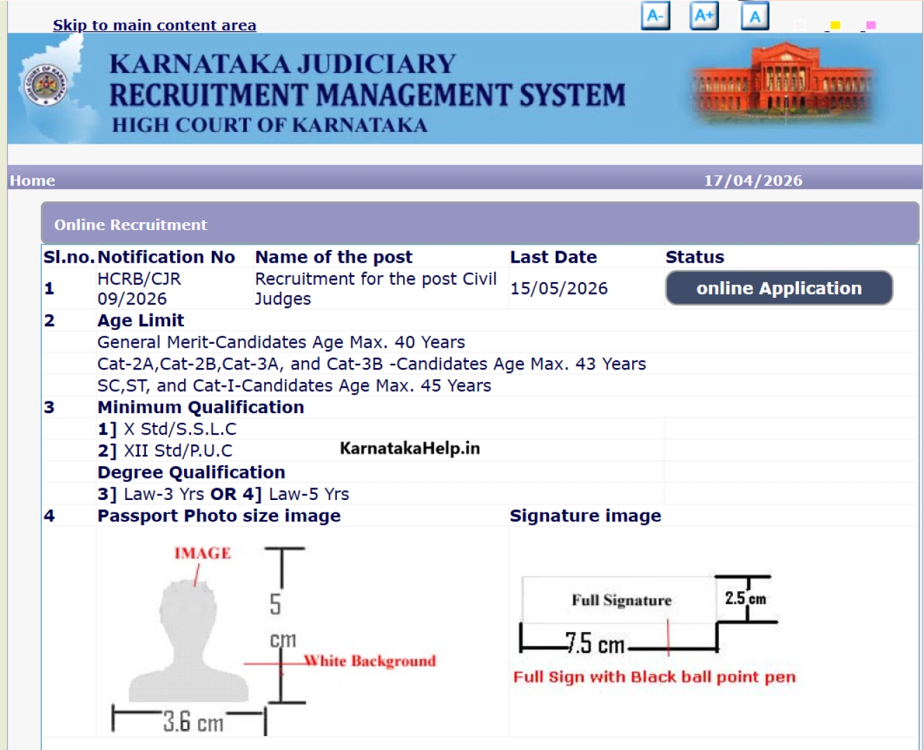 Karnataka High Court Civil Judge Online Form 2026