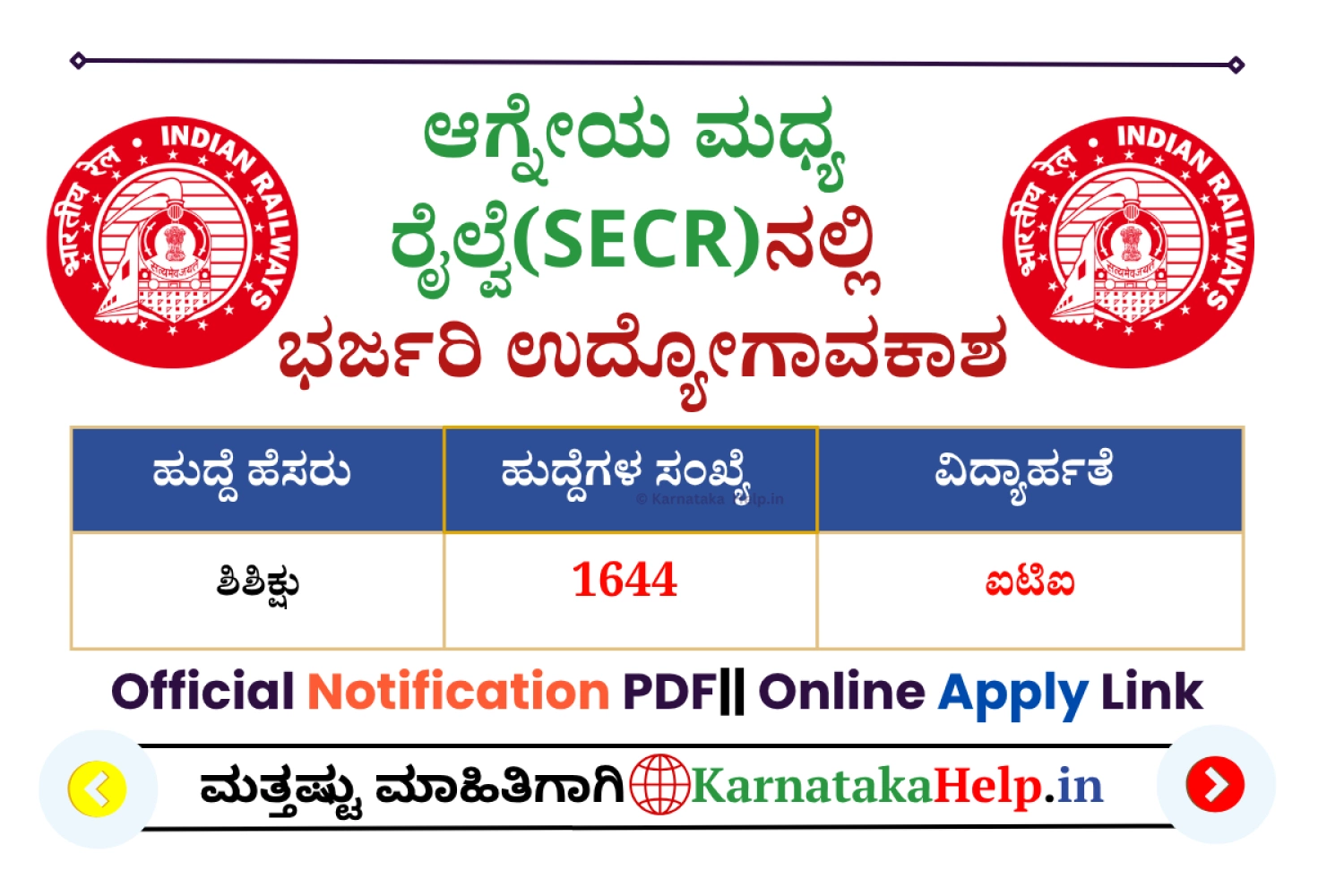 ಆಗ್ನೇಯ ಮಧ್ಯ ರೈಲ್ವೆಯಲ್ಲಿ ಶಿಶಿಕ್ಷು ತರಬೇತಿ; ಐಟಿಐ ಅರ್ಹತೆ
